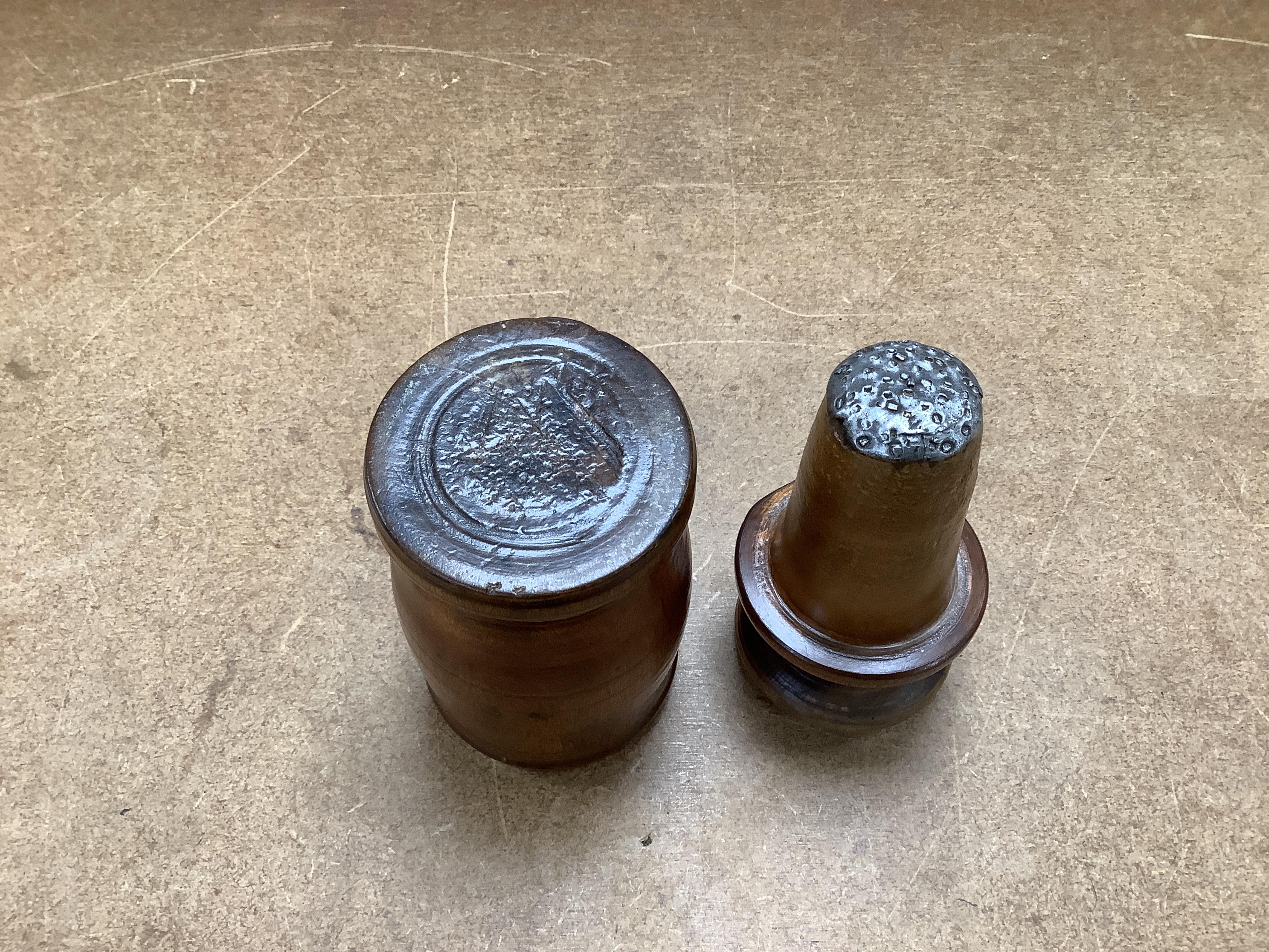 Sundry items to include a large pestle, spice grinder, flat iron on stand, bronze mortar and three other items, largest 42cm in length